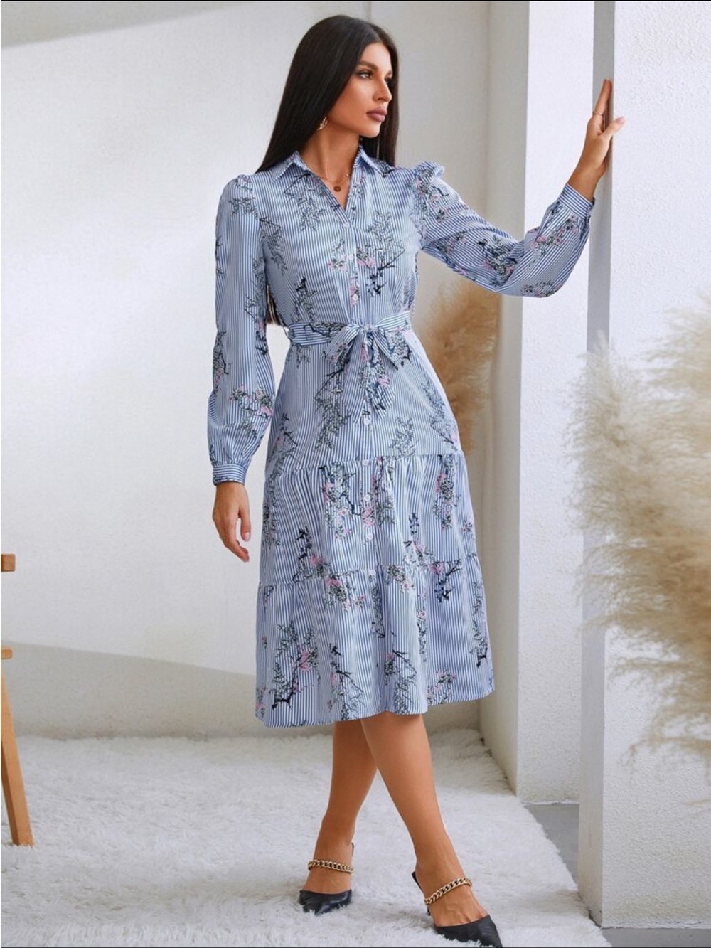 Blue Floral Stripe Shirt Dress with Waist Tie
